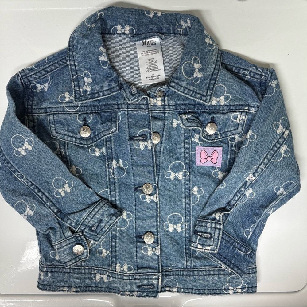 Disney Minnie Mouse Denim Jacket with Minnie Ear/Bow Allover Print, Sz. 3T - Picture 2 of 7